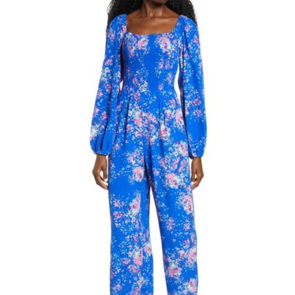 Charles Henry Royal Blue Floral Smocked Long Sleeve Jumpsuit